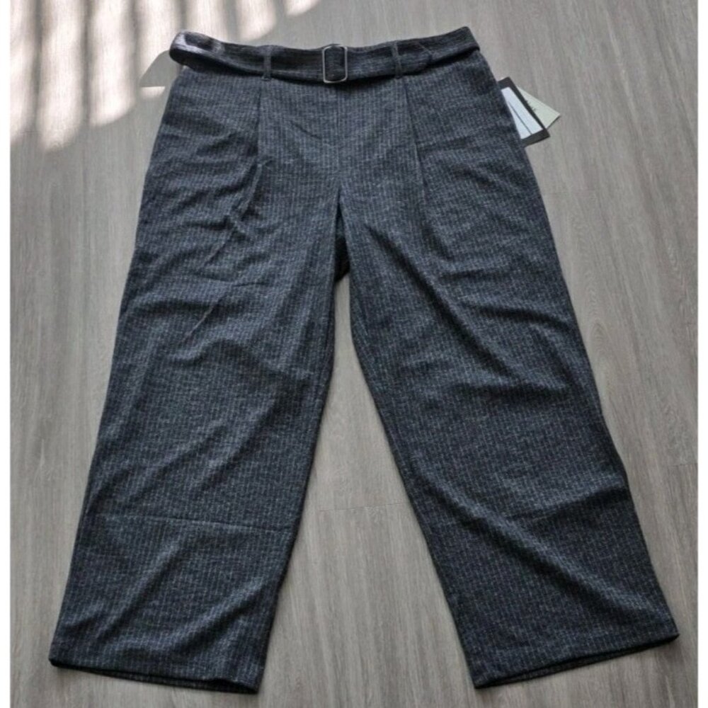 New York‎ & Company Womens 1X Wide Leg Pants Gray Pinstripe Belt NWT